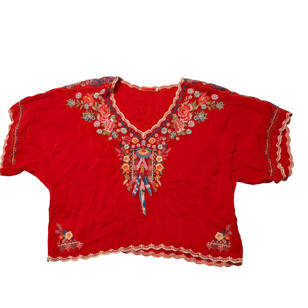 Johnny Was Red Embroidered Cupra Rayon V-Neck Boho Blouse C14919-1 Size M